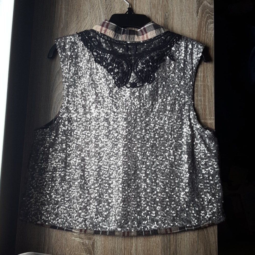 Embellished sequence flannel tank top